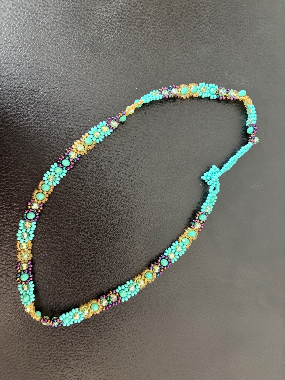 Turquoise Floral Beaded Necklace - Gold & Purple Accents